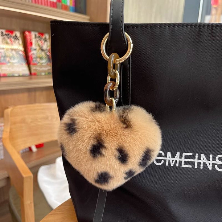 Real Rabbit Fur Leopard Heart Keychain Plush Bag Charm