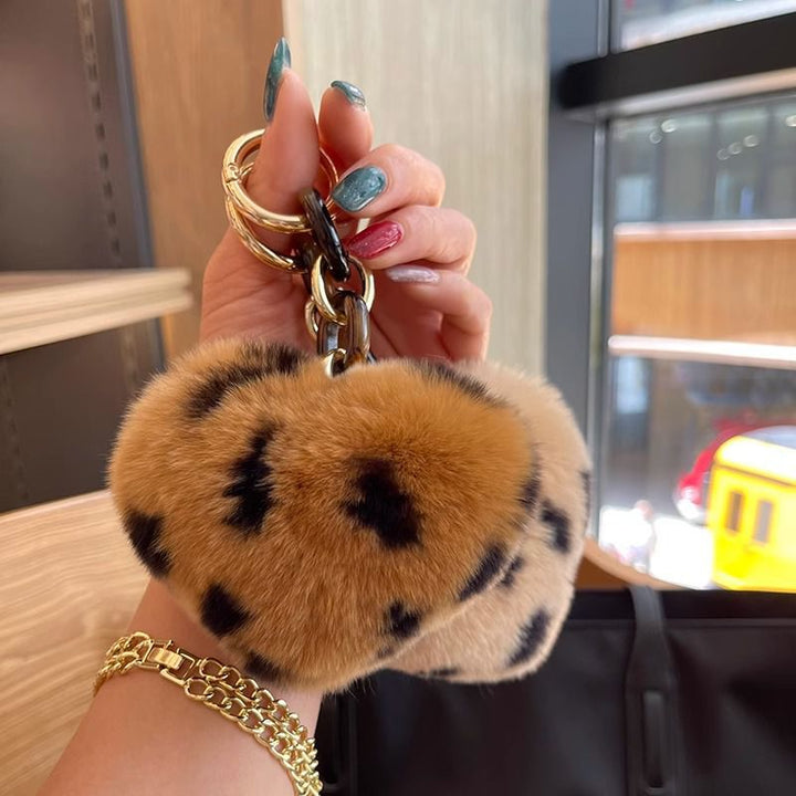 Real Rabbit Fur Leopard Heart Keychain Plush Bag Charm