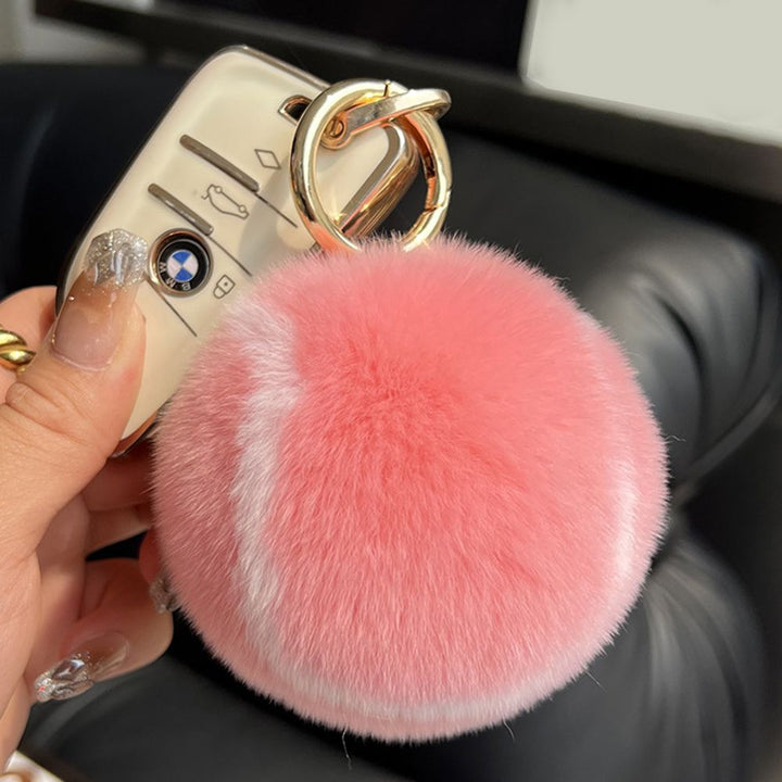 Real Rabbit Fur Tennis Ball Car Keychain Plush Pom-Pom Backpack Bag Charm