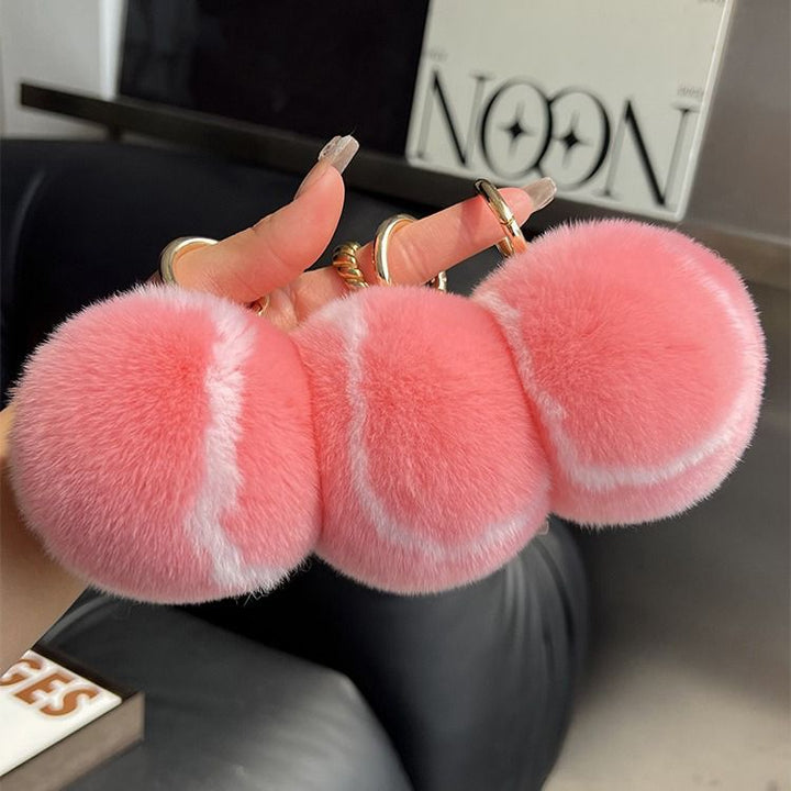 Real Rabbit Fur Tennis Ball Car Keychain Plush Pom-Pom Backpack Bag Charm