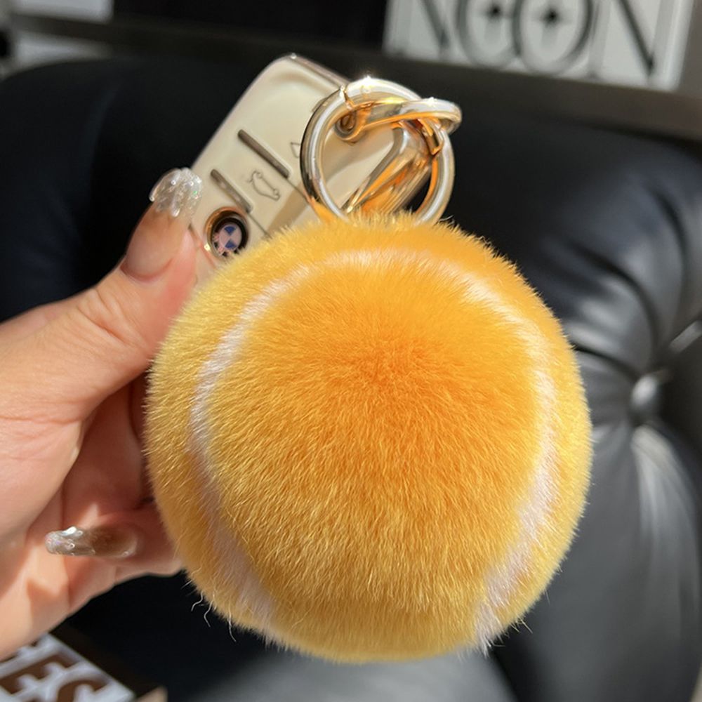 Real Rabbit Fur Tennis Ball Car Keychain Plush Pom-Pom Backpack Bag Charm