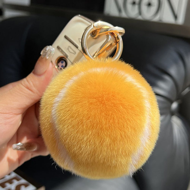 Real Rabbit Fur Tennis Ball Car Keychain Plush Pom-Pom Backpack Bag Charm