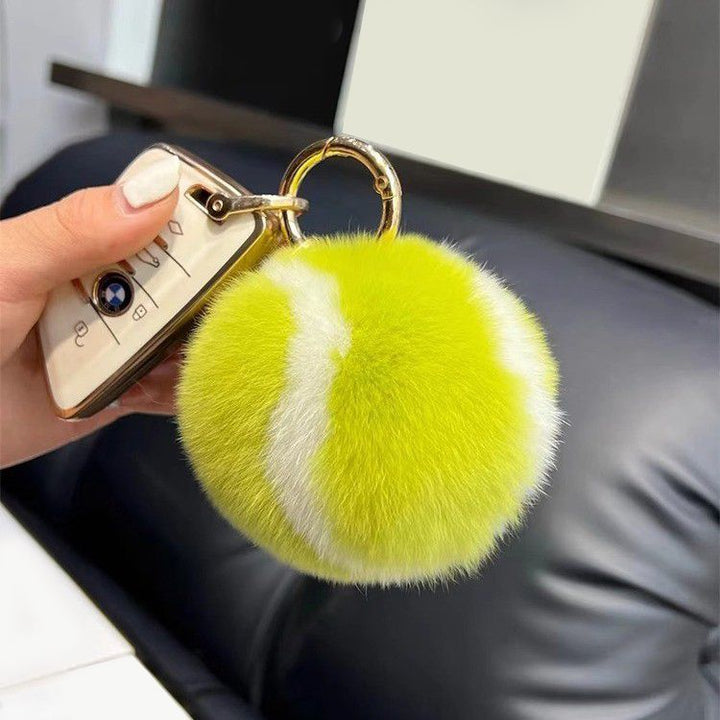 Real Rabbit Fur Tennis Ball Car Keychain Plush Pom-Pom Backpack Bag Charm