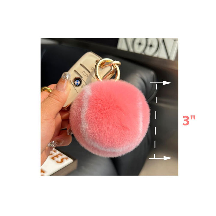 Real Rabbit Fur Tennis Ball Car Keychain Plush Pom-Pom Backpack Bag Charm
