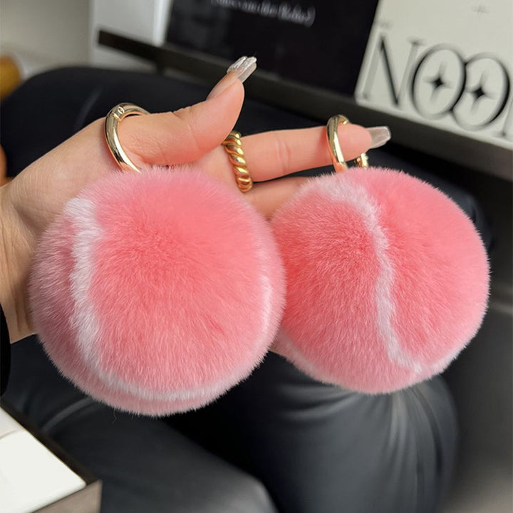 Real Rabbit Fur Tennis Ball Car Keychain Plush Pom-Pom Backpack Bag Charm
