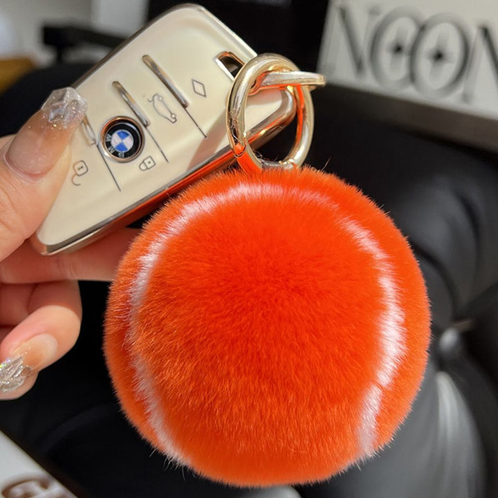 Real Rabbit Fur Tennis Ball Car Keychain Plush Pom-Pom Backpack Bag Charm