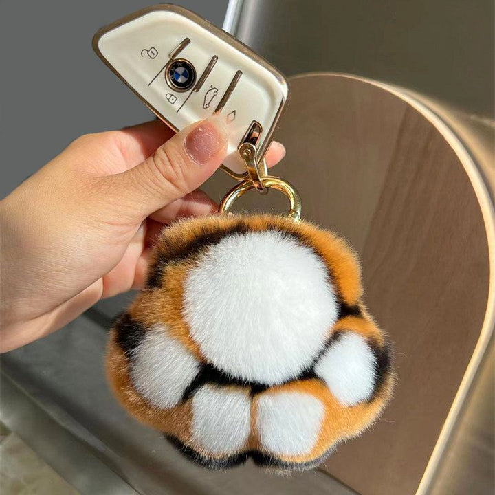 Soft Rabbit Fur Paw and Tail Pom-Pom Keychain Set Fluffy Plush Animal Pattern Bag Charm