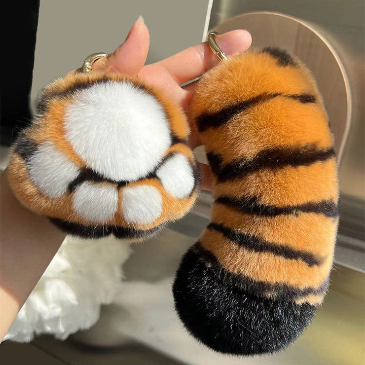 Soft Rabbit Fur Paw and Tail Pom-Pom Keychain Set Fluffy Plush Animal Pattern Bag Charm