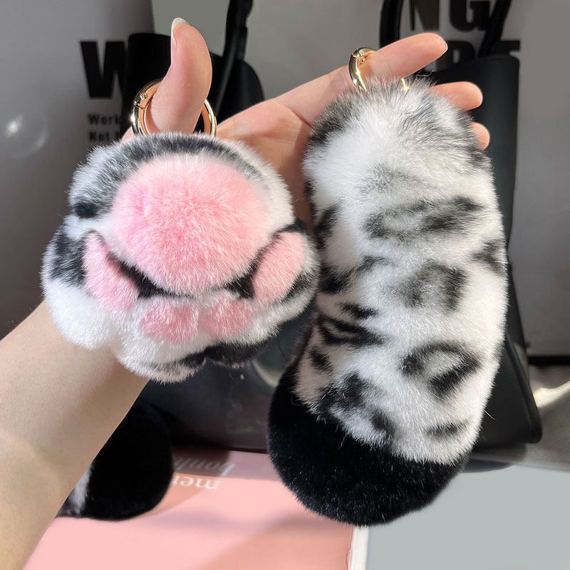 Soft Rabbit Fur Paw and Tail Pom-Pom Keychain Set Fluffy Plush Animal Pattern Bag Charm