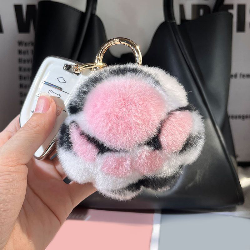 Soft Rabbit Fur Paw and Tail Pom-Pom Keychain Set Fluffy Plush Animal Pattern Bag Charm