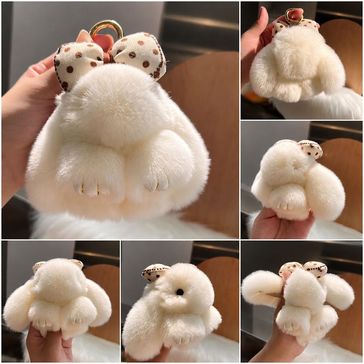 Real Rex Rabbit Fur Bunny Keychain Ultra-Soft Lop Eared Rabbit Key Ring with Bow