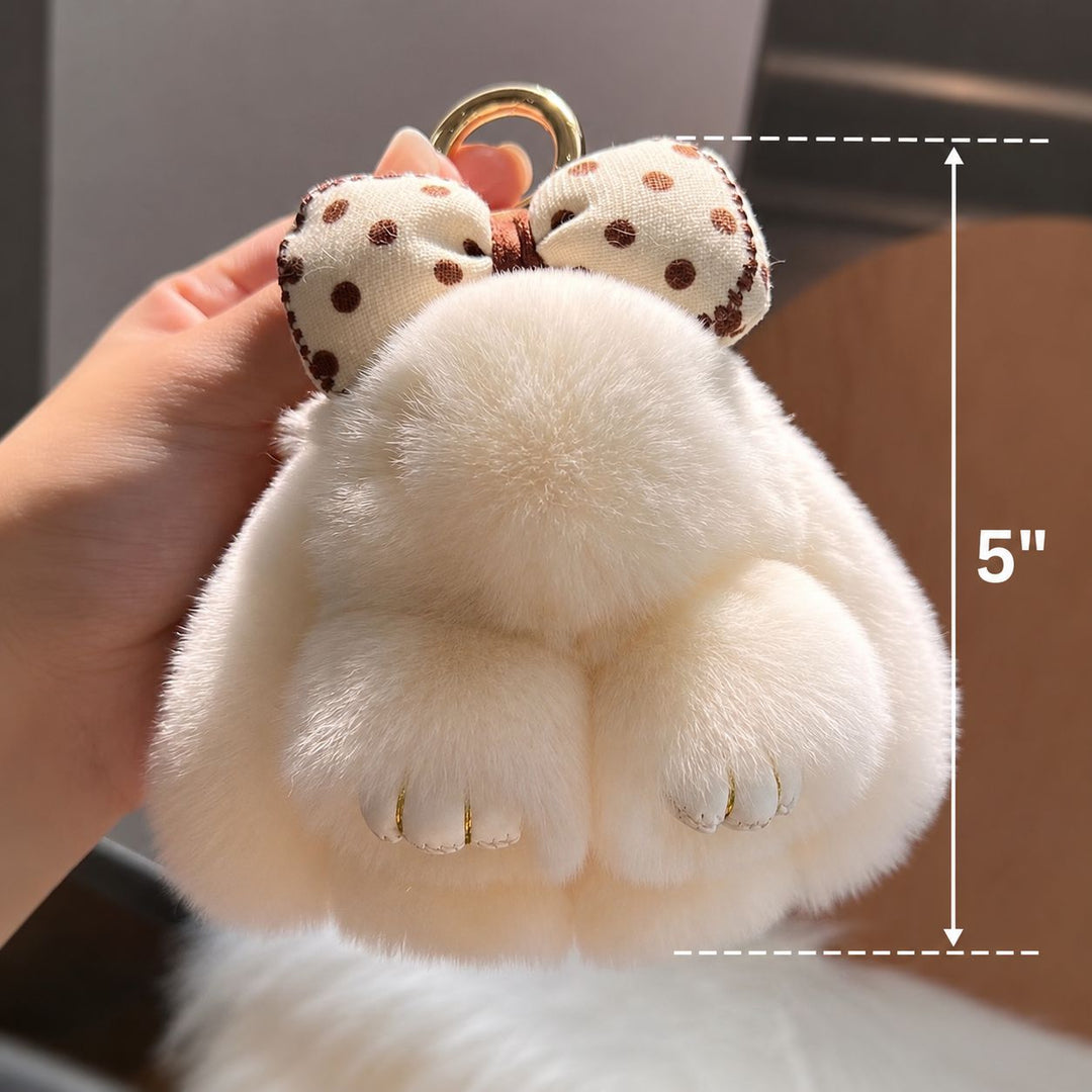Real Rex Rabbit Fur Bunny Keychain Ultra-Soft Lop Eared Rabbit Key Ring with Bow