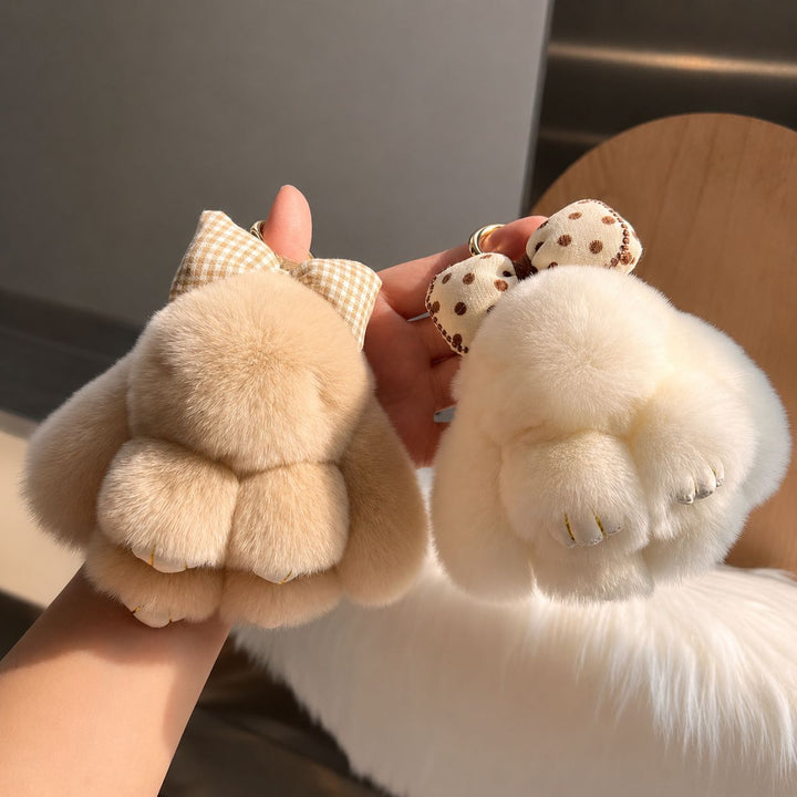 Real Rex Rabbit Fur Bunny Keychain Ultra-Soft Lop Eared Rabbit Key Ring with Bow