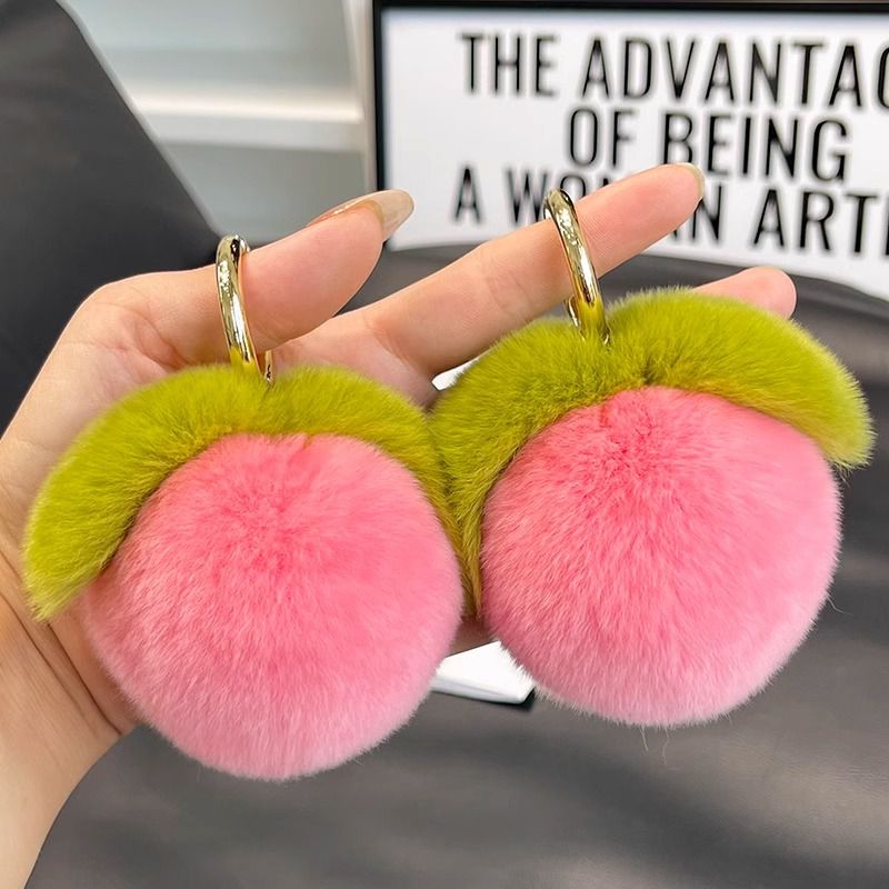 Fluffy Real Rex Rabbit Fur Peach Keychain Cute Fruit Bag Charm