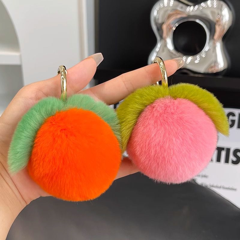 Fluffy Real Rex Rabbit Fur Peach Keychain Cute Fruit Bag Charm
