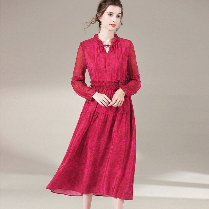 Red Long Sleeve Tie Neck Pure Mulberry Silk Long Dress SD065