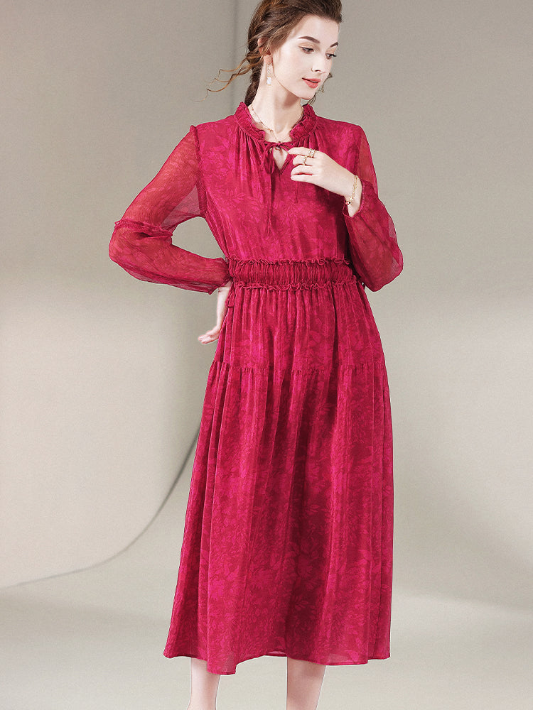 Red Long Sleeve Tie Neck Pure Mulberry Silk Long Dress SD065