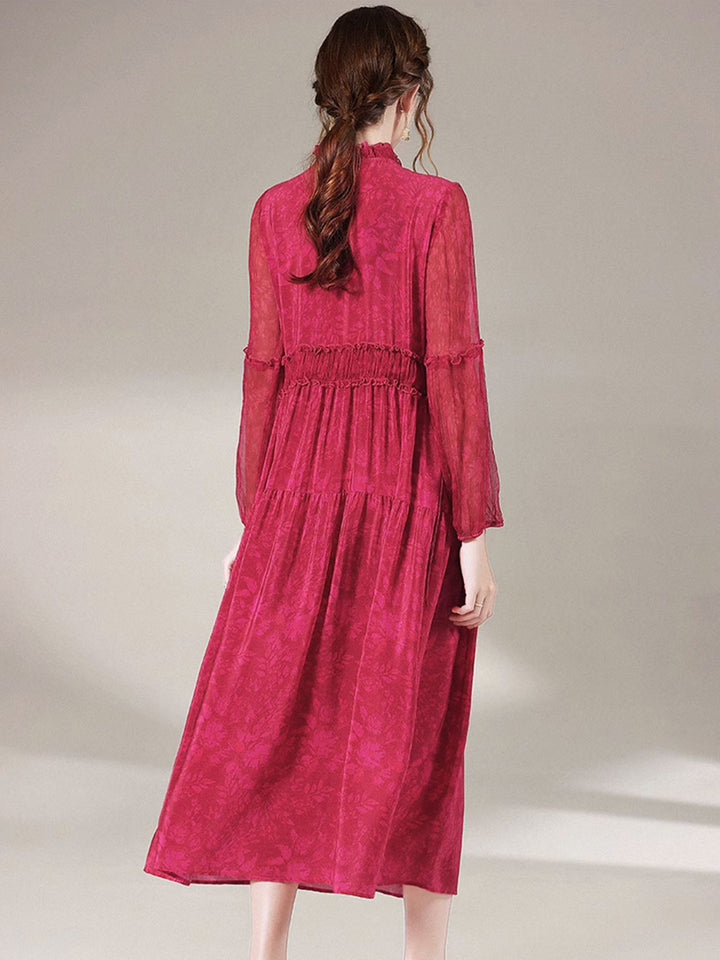 Red Long Sleeve Tie Neck Pure Mulberry Silk Long Dress SD065