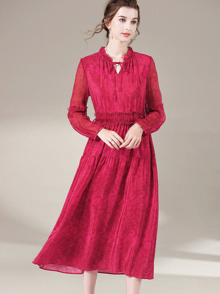 Red Long Sleeve Tie Neck Pure Mulberry Silk Long Dress SD065