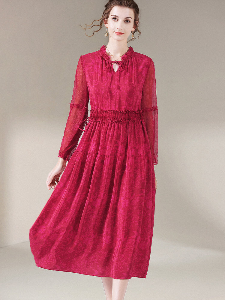 Red Long Sleeve Tie Neck Pure Mulberry Silk Long Dress SD065