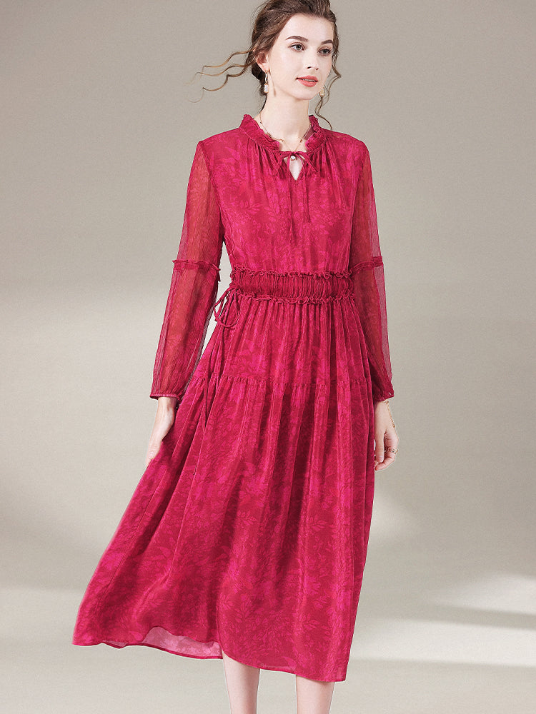 Red Long Sleeve Tie Neck Pure Mulberry Silk Long Dress SD065