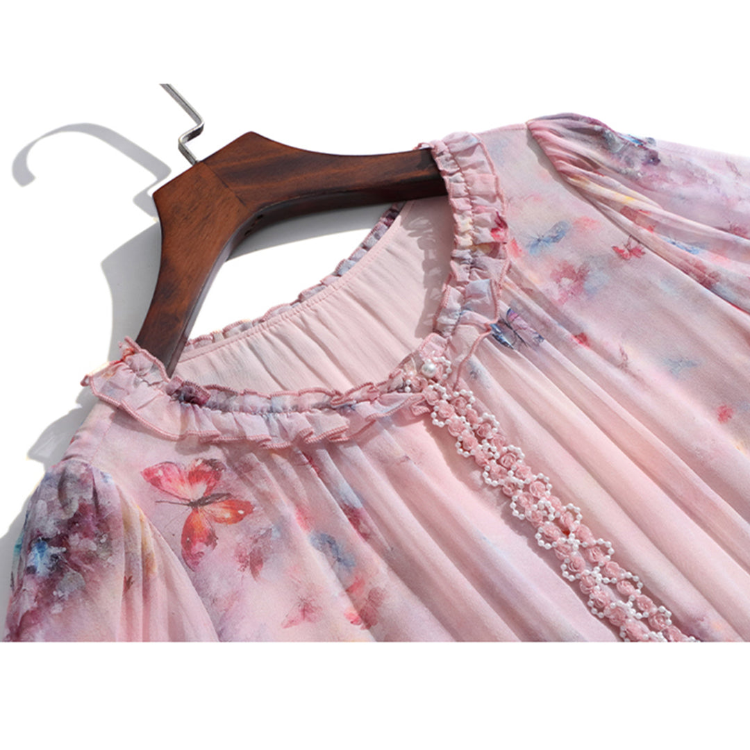 Romantic Pastel Pink Butterfly Print Long Silk Dress SD095