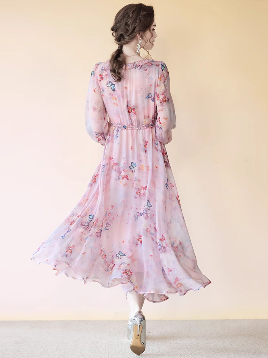 Romantic Pastel Pink Butterfly Print Long Silk Dress SD095