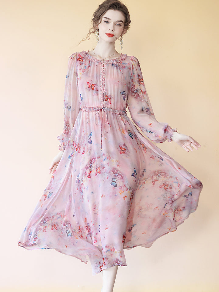 Romantic Pastel Pink Butterfly Print Long Silk Dress SD095