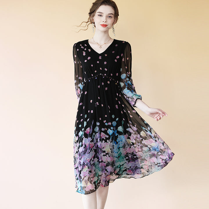 Romantic V-neck Flowy Black Floral Midi Silk Dress SD072