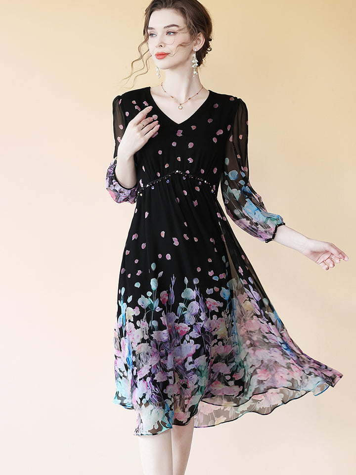 Romantic V-neck Flowy Black Floral Midi Silk Dress SD072