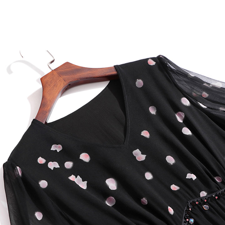 Romantic V-neck Flowy Black Floral Midi Silk Dress SD072