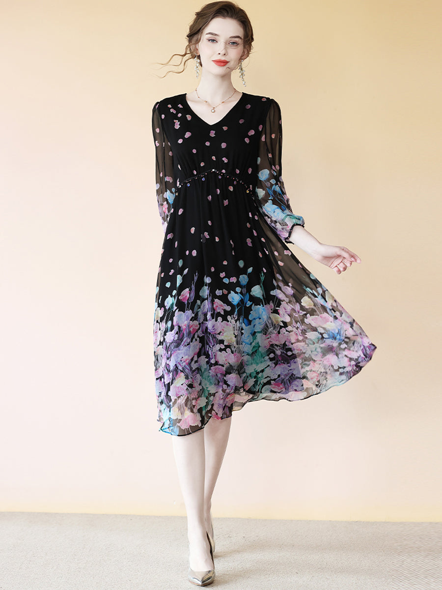 Romantic V-neck Flowy Black Floral Midi Silk Dress SD072