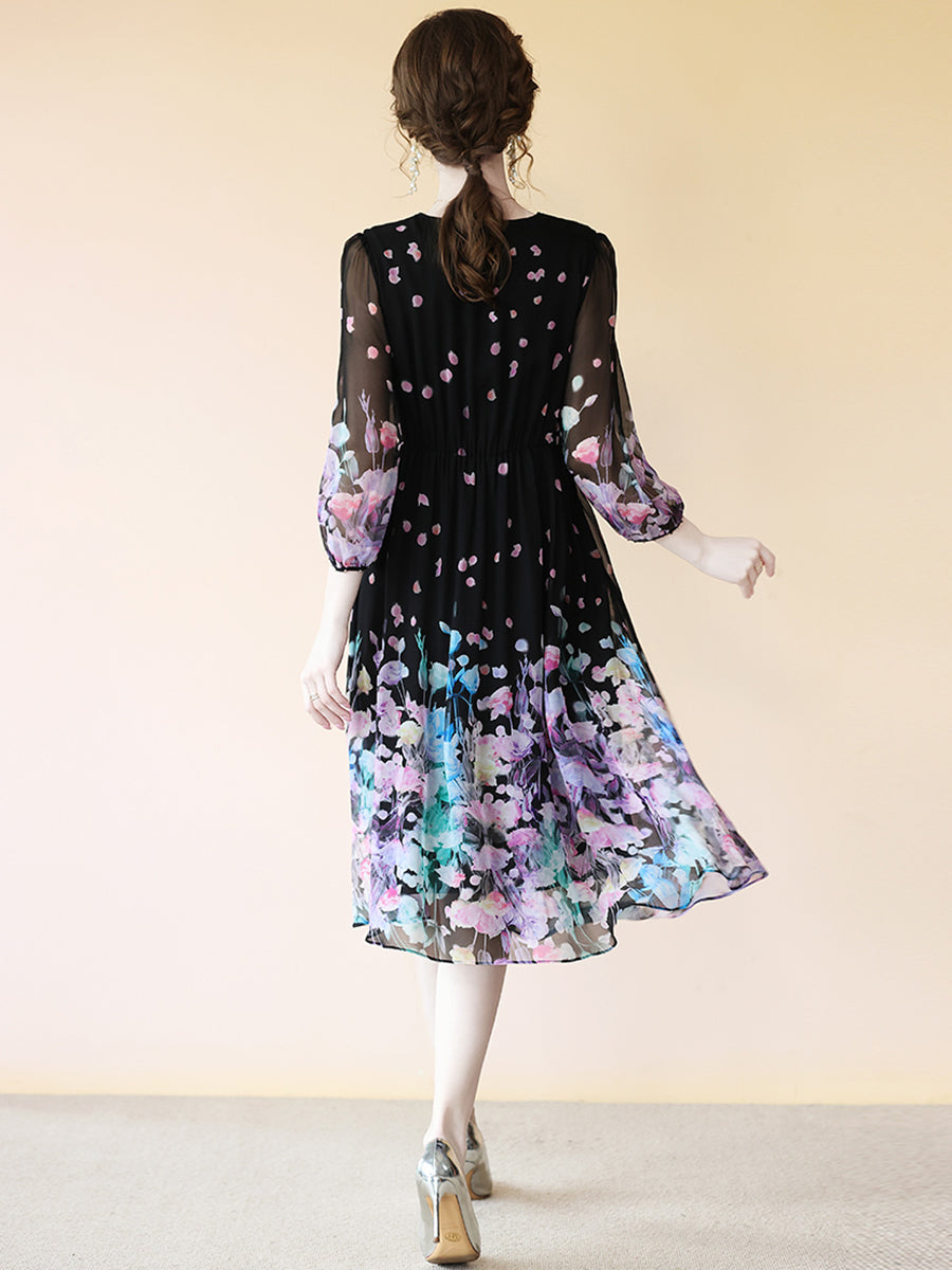 Romantic V-neck Flowy Black Floral Midi Silk Dress SD072