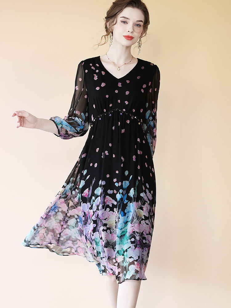 Romantic V-neck Flowy Black Floral Midi Silk Dress SD072