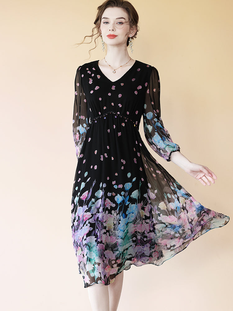 Romantic V-neck Flowy Black Floral Midi Silk Dress SD072