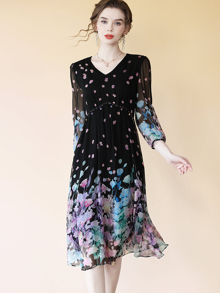 Romantic V-neck Flowy Black Floral Midi Silk Dress SD072