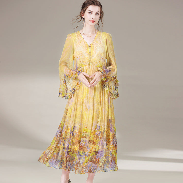 Romantic Yellow Purple Floral Long Maxi Mulberry Silk Dress SD069