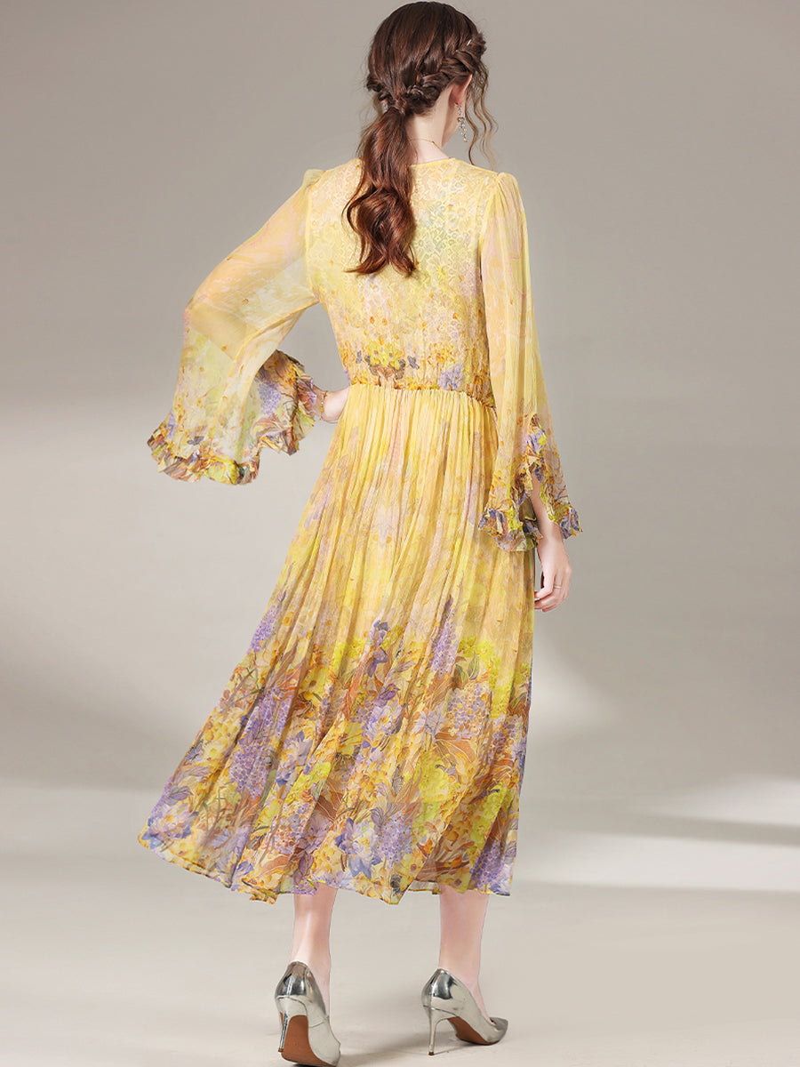 Romantic Yellow Purple Floral Long Maxi Mulberry Silk Dress SD069