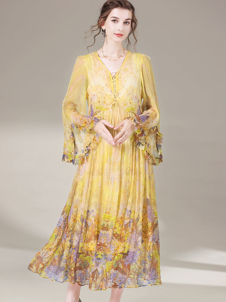 Romantic Yellow Purple Floral Long Maxi Mulberry Silk Dress SD069