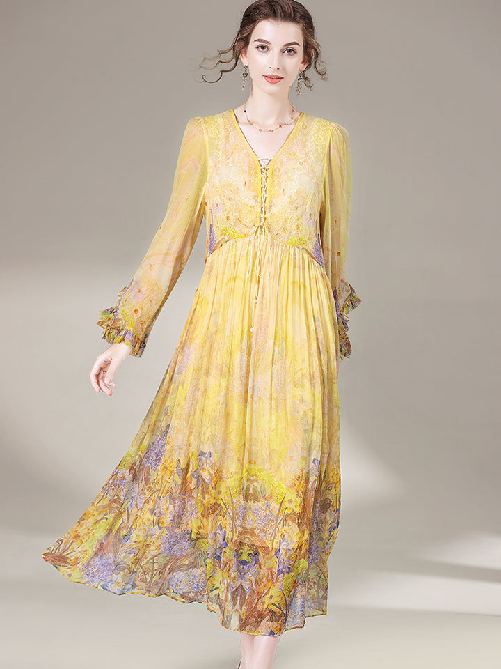 Romantic Yellow Purple Floral Long Maxi Mulberry Silk Dress SD069