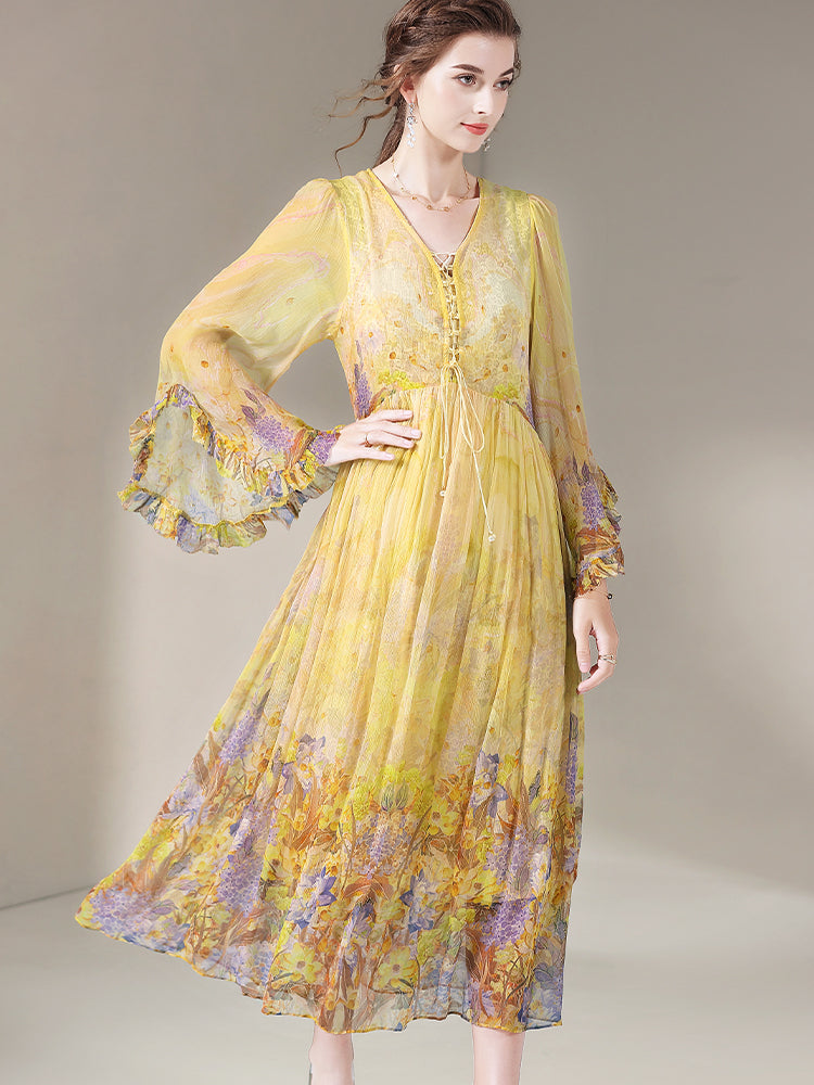 Romantic Yellow Purple Floral Long Maxi Mulberry Silk Dress SD069