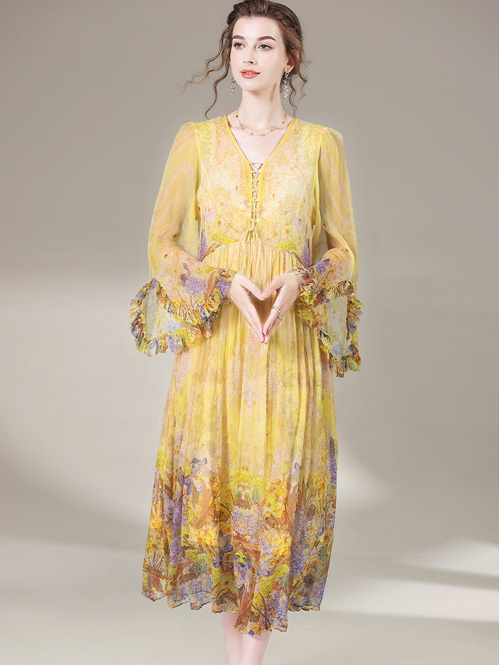 Romantic Yellow Purple Floral Long Maxi Mulberry Silk Dress SD069