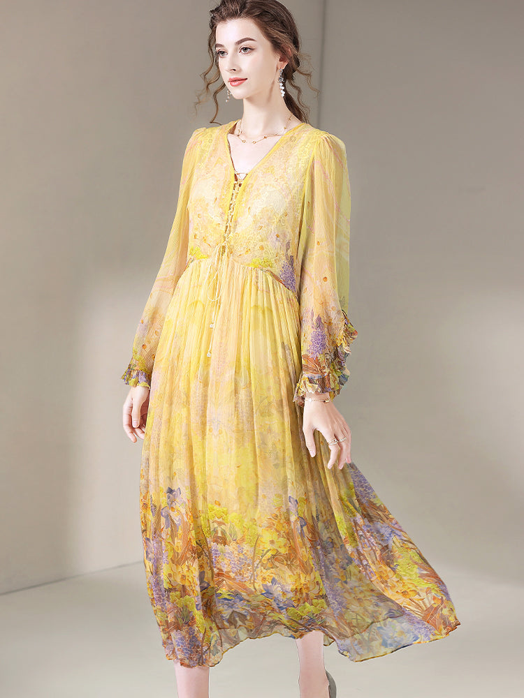 Romantic Yellow Purple Floral Long Maxi Mulberry Silk Dress SD069