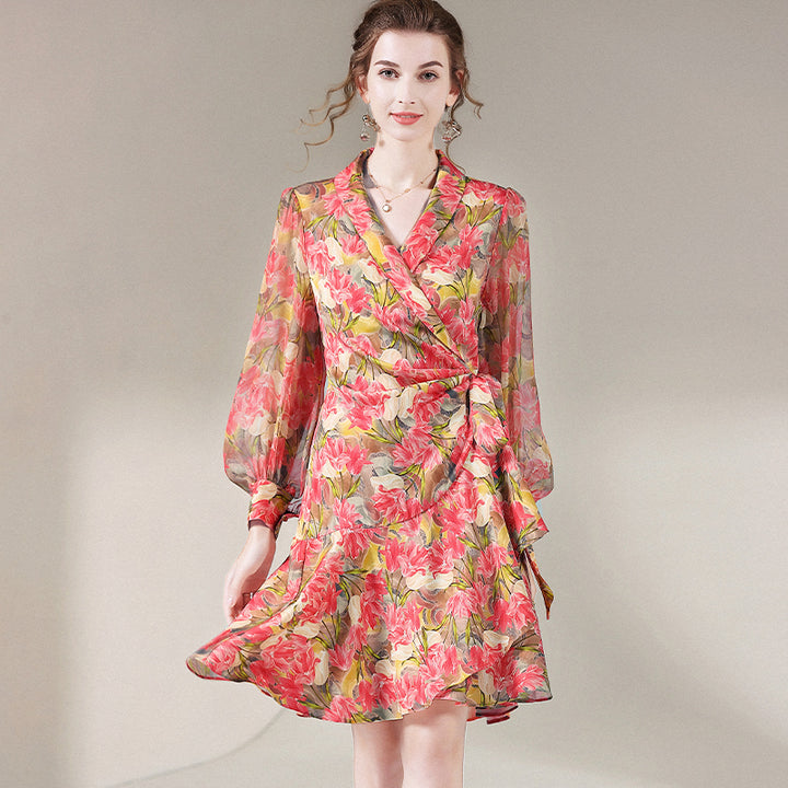 Rose Red Floral Long Sleeve Mulberry Silk Wrap Dress SD059