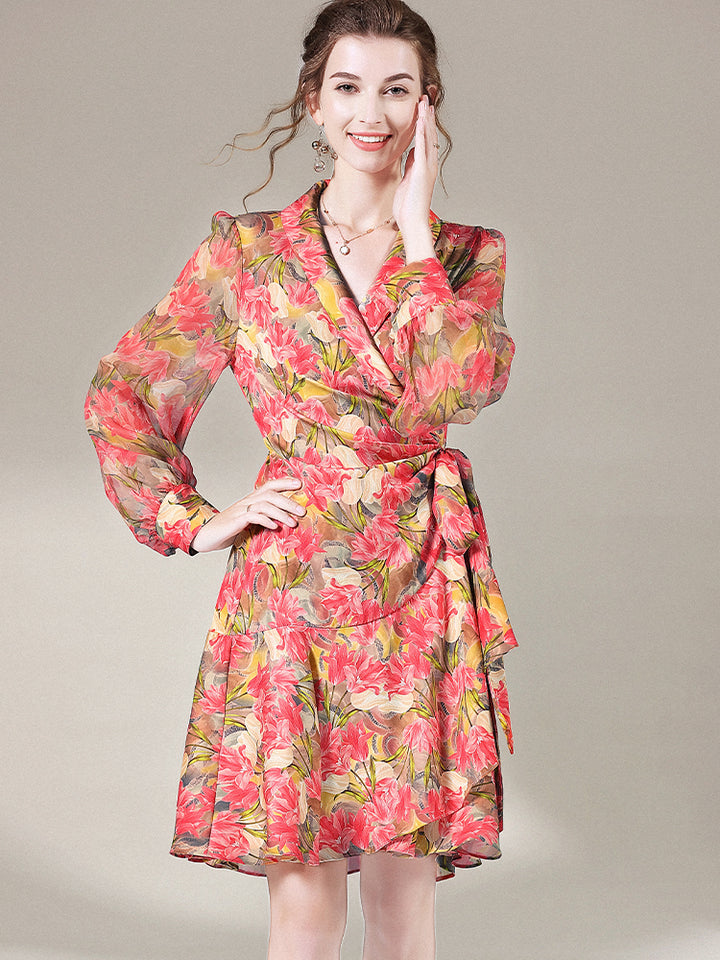 Rose Red Floral Long Sleeve Mulberry Silk Wrap Dress SD059