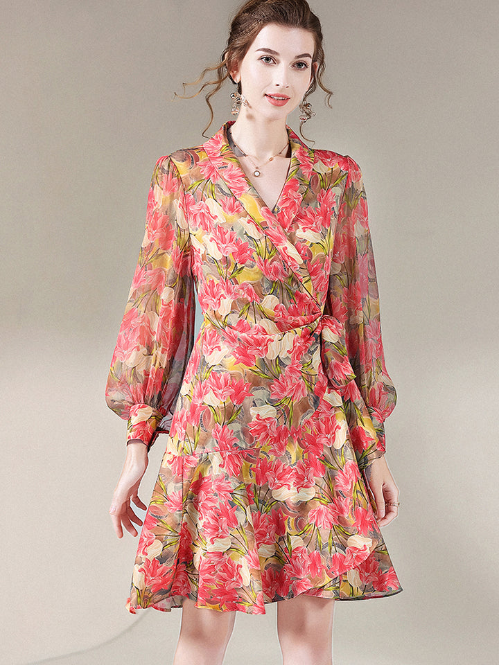 Rose Red Floral Long Sleeve Mulberry Silk Wrap Dress SD059