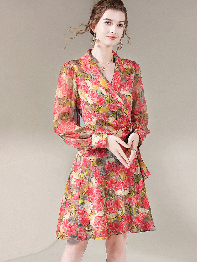 Rose Red Floral Long Sleeve Mulberry Silk Wrap Dress SD059