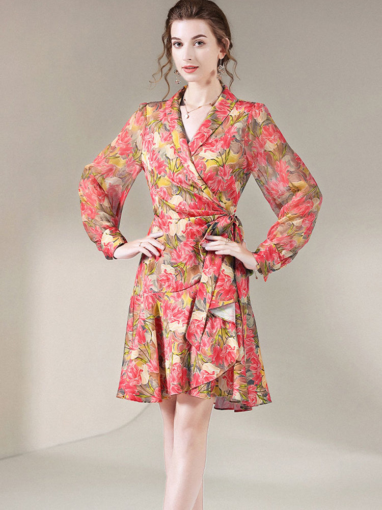 Rose Red Floral Long Sleeve Mulberry Silk Wrap Dress SD059