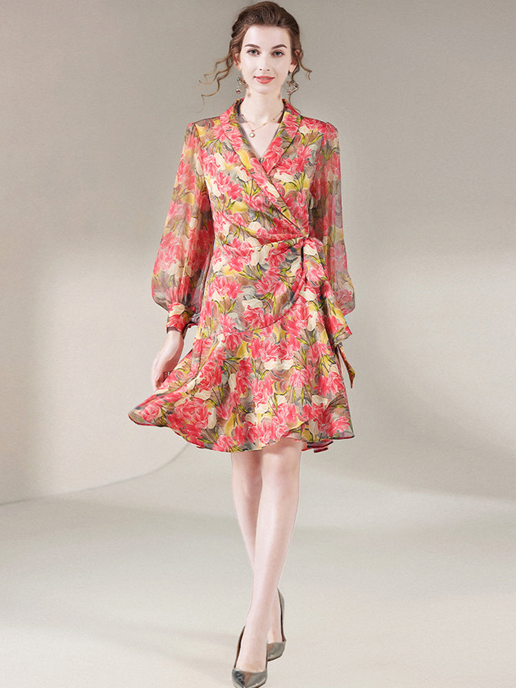 Rose Red Floral Long Sleeve Mulberry Silk Wrap Dress SD059