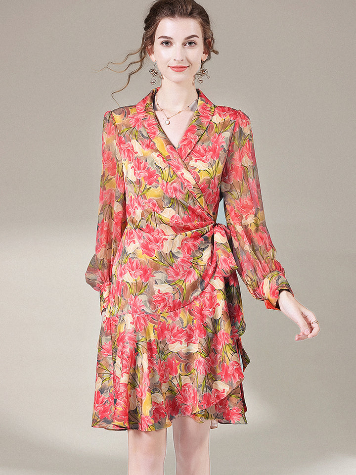 Rose Red Floral Long Sleeve Mulberry Silk Wrap Dress SD059